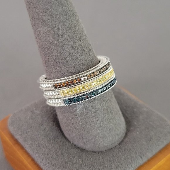 Set of 3 Sparkling Silver & Multi Color Sapphire Stackable Bands - Picture 3 of 10